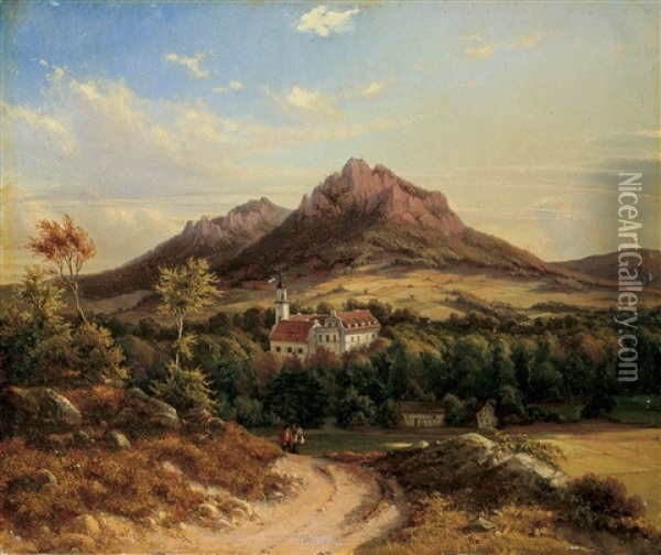 Ansicht Von Schloss Fischbach In Schlesein Oil Painting - Julius Edward W. Helfft