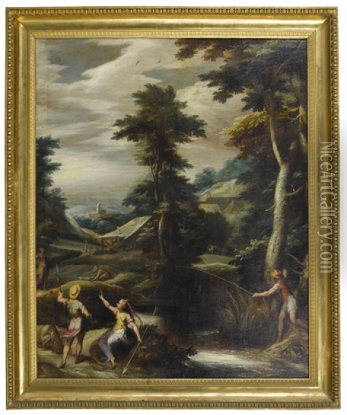 Diana And Actaeon In A Wooded Landscape, With A Hunter And A Fisherman Oil Painting - Jan (Hans) Soens