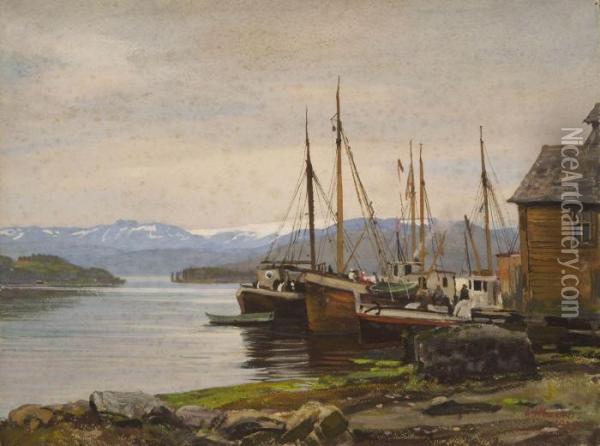 Norheimsund - Schiffe Im Hafen. Oil Painting - Georg Macco