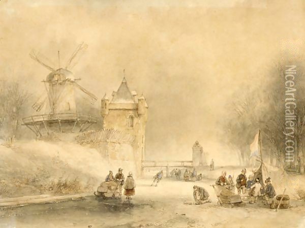 A Winterlandscape With Skaters And Other Figures Near A Koek And Zopie Oil Painting - Andreas Schelfhout