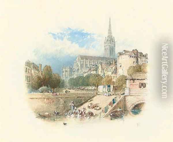 The church of St Pierre, Caen, seen from the river Oil Painting - Myles Birket Foster