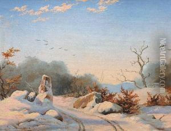 A Forest In The Winter Sunshine Oil Painting - Carl Gotfred Wurtzen