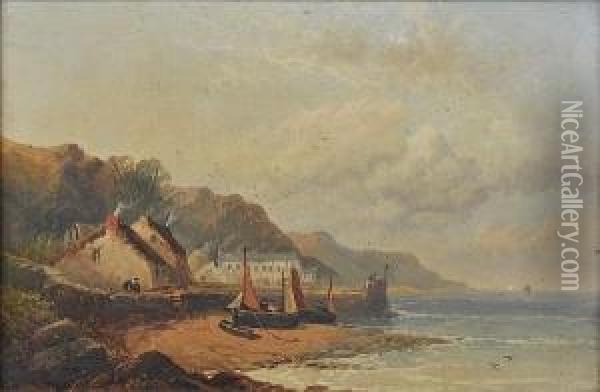 Figures And Beached Fishing Vessels On The Shore Oil Painting - Joseph Horlor