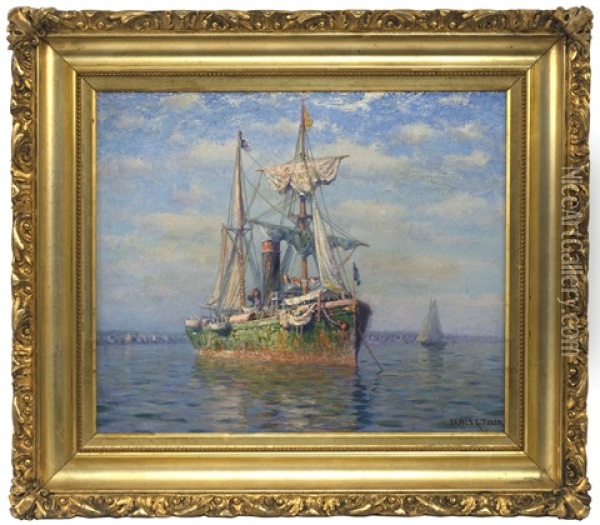 A Moored Steam/sail Vessel Oil Painting - James Gale Tyler