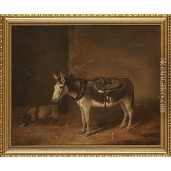 A Donkey And A Goat In A Stable Oil Painting - James Barenger the Younger