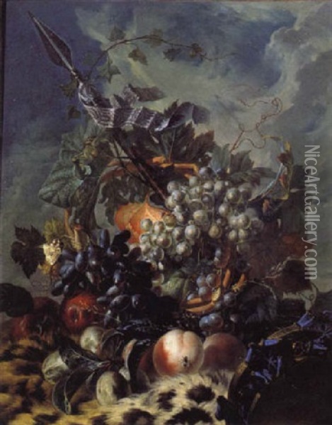Nature Morte De Raisins, Peches Et Prunes Pres D'un Tambourin Disposes Sur Une Peau De Panthere Oil Painting - Georgius Jacobus Johannes van Os