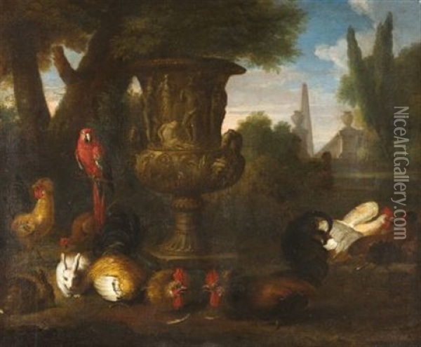 Roter Ara, Geflugel Und Kaninchen In Einer Parklandschaft Oil Painting - David de Coninck