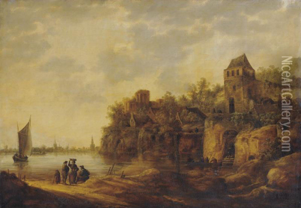 A River Estuary With Peasants On A Track, A Fortified Farmhouse Nearby And A Town Beyond Oil Painting - Johannes Pietersz. Schoeff