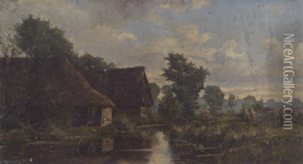 Fischerhutten Am Flussufer Oil Painting - Georges Philibert Charles Maroniez
