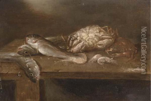 Crabs, Pikes And Shrimp On A Wooden Ledge Oil Painting - Alexander Adriaenssen