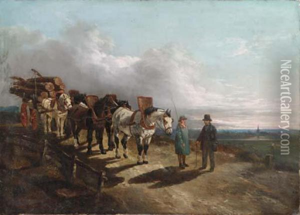 A Horse Drawn Timber Wagon Oil Painting - John Frederick Herring Snr
