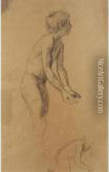 Junglingsakt Mit Offenen Handen Male Nude With Open Hands Oil Painting - Albert Anker