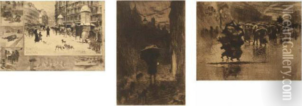 Pluie Et Parapluie; L'hiver A Paris; Le Petit Enterrement Oil Painting - Felix-Hilaire Buhot