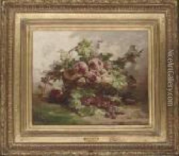 A Basket Of Peaches By Raspberries On A Mossy Bank Oil Painting - Georges Jeannin