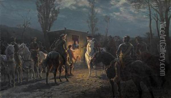 Night-time Scene. Horsemen Detain An Elegant Carriage Oil Painting - Julius von Blaas