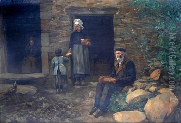 Feeding The Poor Before A Stone Barn Oil Painting - Pierre Emmanuel Eugene Damoye
