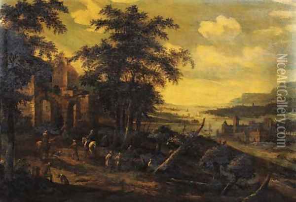 Travellers and peasants on a road by a ruined mansion, a valley beyond Oil Painting - Dionys Verburgh