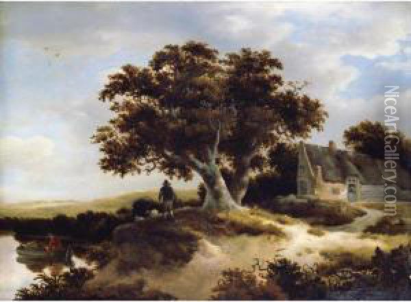 A Dune Landscape With A Drover 
And His Sheep Beneath A Pondside Oak, A Cottage To The Right Oil Painting - Meindert Hobbema