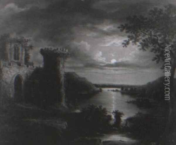 Figures By A Castle In A Moonlit River Landscape Oil Painting - Sebastian Pether