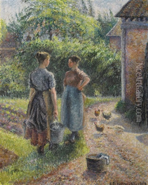 Paysannes Causant Dans La Cour D'une Ferme, Eragny Oil Painting - Camille Pissarro