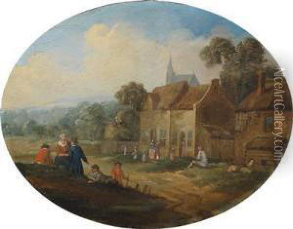 A Landscape With A Village Andpeasants Oil Painting - Jan Frans I Van Bredael