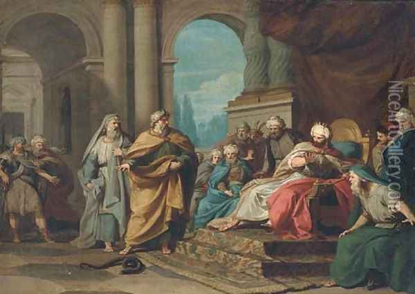 Moses transforming his rod into a snake in front of the Pharaoh and his magicians Oil Painting - Felice Gianni