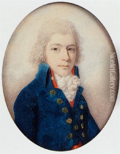 Clive Thomas Esq., With Powdered Hair, Wearing Blue Coat With Gold Buttons, Red Waistcoat And Frilled White Cravat Oil Painting - Richard Cosway