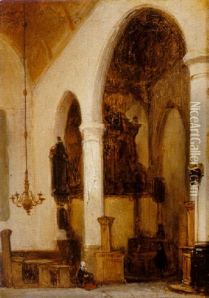 A Woman In A Church Interior Oil Painting - Johannes Bosboom