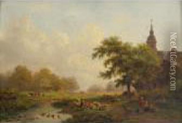 A River Landscape With Cows And Sheep Oil Painting - Frederik Marianus Kruseman