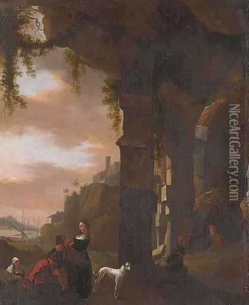 An Italianate landscape with figures by a ruined arch, a harbour beyond Oil Painting - Thomas Wyck