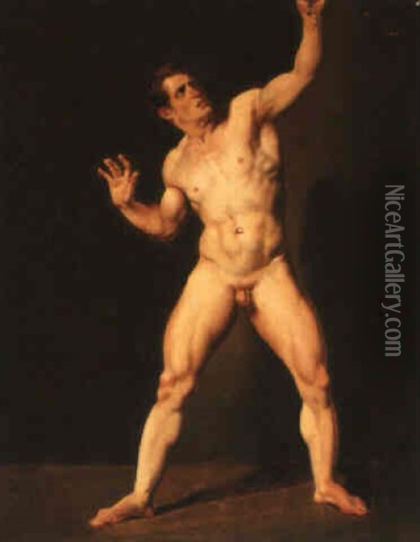 An Academy Study, Standing Full-length, With Arms Raised Oil Painting - Rene Pierre Charles Princeteau