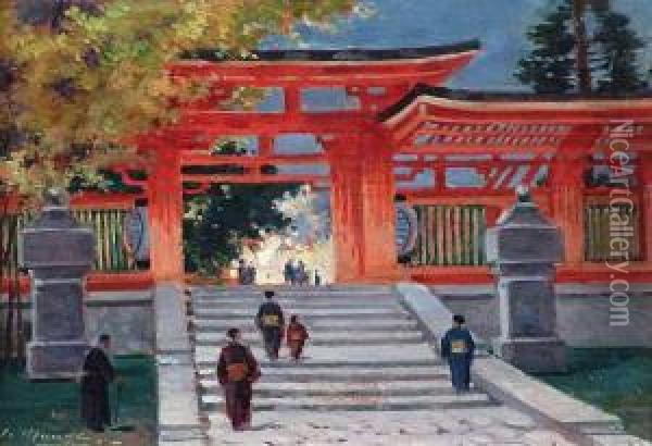 Temple Japonais. Oil Painting - Jules Monge