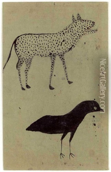 The Leopard And The Black Bird (on Back Of Advertisement For Hollywood Oddities) Oil Painting - Bill Traylor