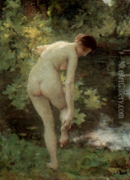 A Nude Bather By A Wooded Lake Oil Painting - Charles Amable Lenoir