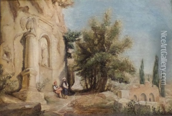 Deux Orientaux Devant Un Temple Oil Painting - Jules (Joseph Augustin) Laurens
