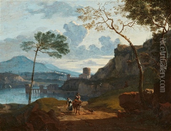Southern River Landscape With A Castle And Shepherds Oil Painting - Karel Dujardin