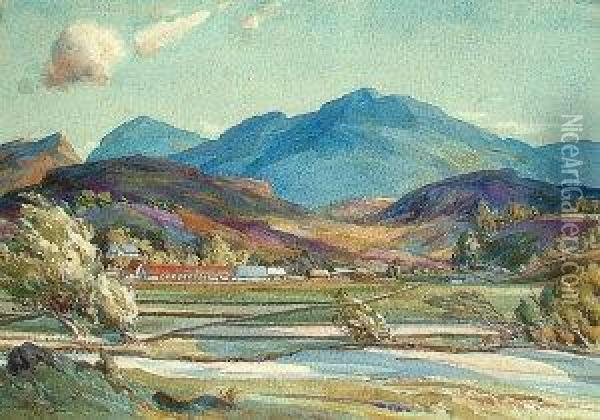 A Tranquil Valley With Cottages And Mountains Oil Painting - Edward Mossforth Neatby