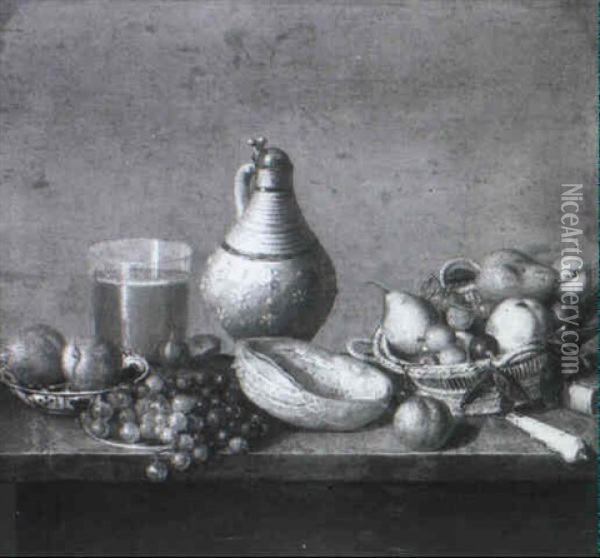 Still Life With Stoneware Jug, A Beer Glass, Apples... Oil Painting - Pieter van Steenwyck