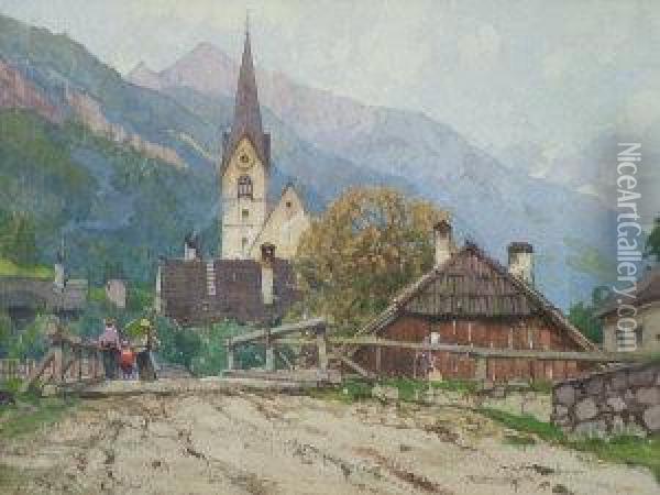 Figures By A Bridge With An Alpine Village Oil Painting - Fritz Lach