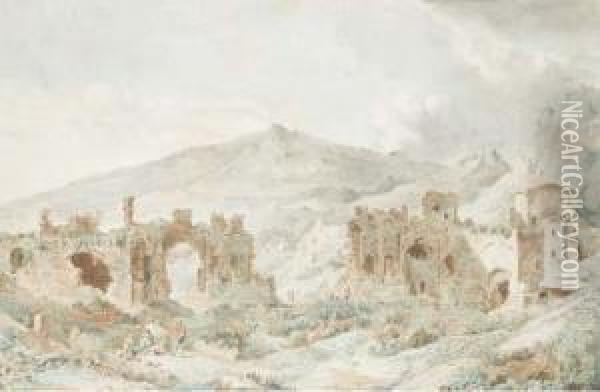 Les Ruines De Taormine Avec L'etna Dans Le Fond Oil Painting - Louis Francois Cassas