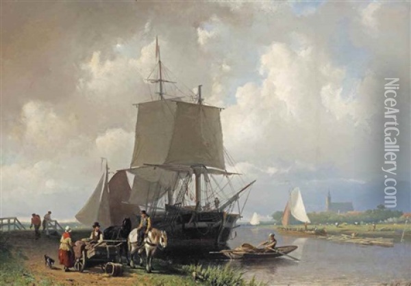 Moored Sailing Ships In A River Estuary Oil Painting - Johan Adolph Rust