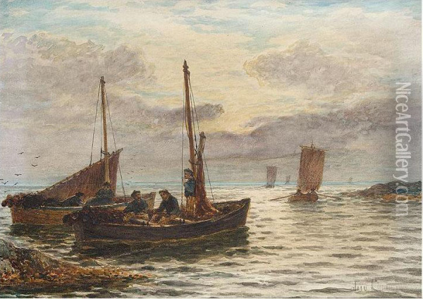Fishing Boats At Dawn Oil Painting - John Chalmers