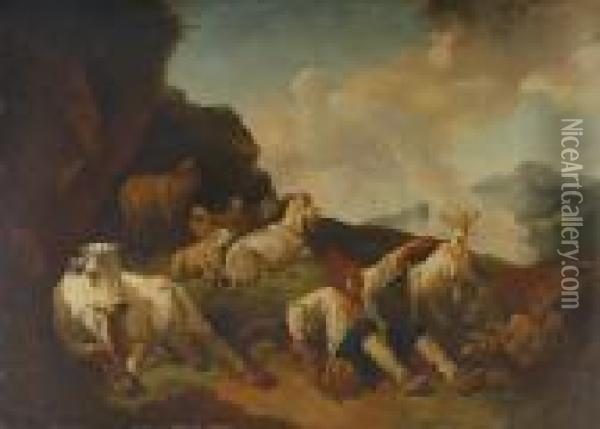A Shepherd Resting On A Hillside With A Cow, Sheep And Goats Oil Painting - Philipp Peter Roos