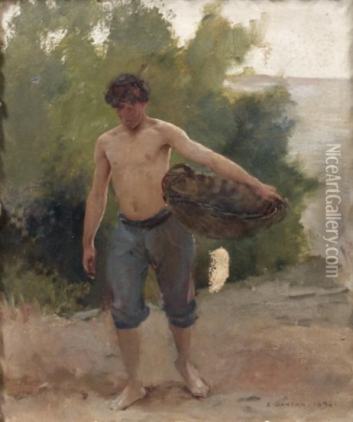 Homme Torse Nu Portant Un Panier Sur La Plage Oil Painting - Edouard Joseph Dantan