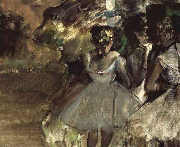 Three Dancers in the Wings, c.1880-85 Oil Painting - Edgar Degas