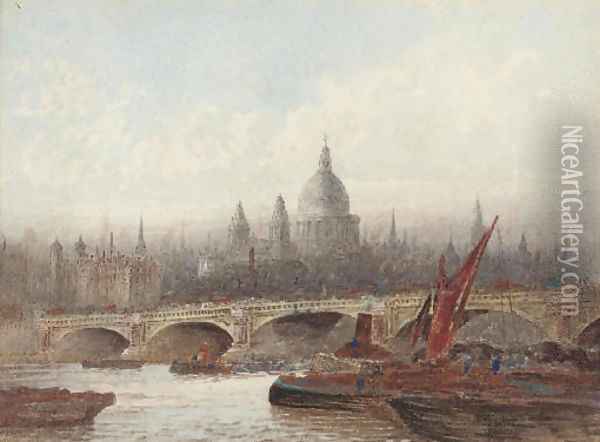 The Thames at Blackfriars Bridge, St. Paul's Cathedral beyond Oil Painting - Frederick E.J. Goff