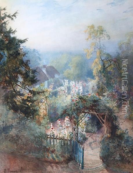 Cottages And Gardens At Glan Conwy Oil Painting - Samuel Towers