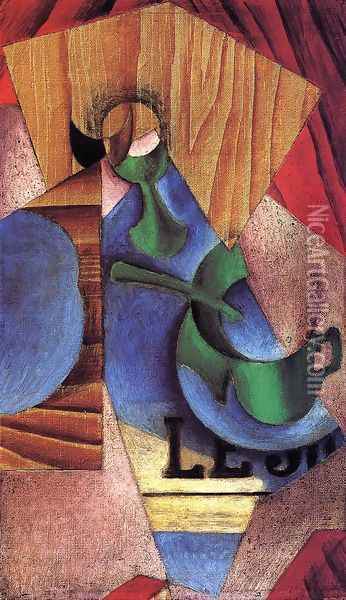 Glass, Cup and Newspaper Oil Painting - Juan Gris