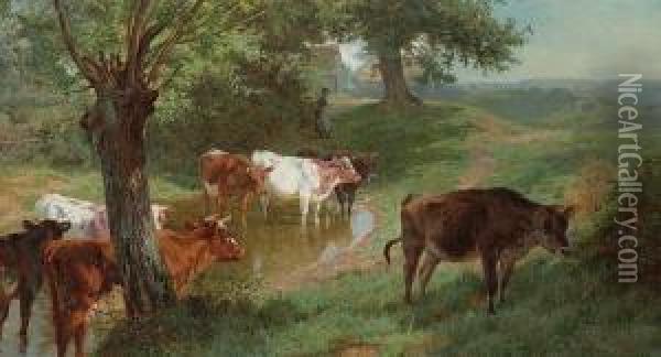 Cattle Watering Oil Painting - Charles Ii Collins