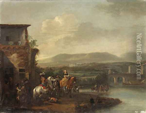 Travellers outside an Inn by a River, an extensive landscape with a bridge and a manor house beyond Oil Painting - Philips Wouwerman